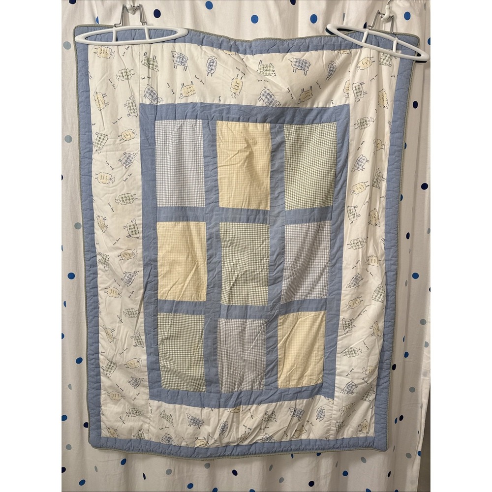 Vintage Eddie Bauer Home Quilted Baby Blanket Fleece Back Blue Yellow Sheep